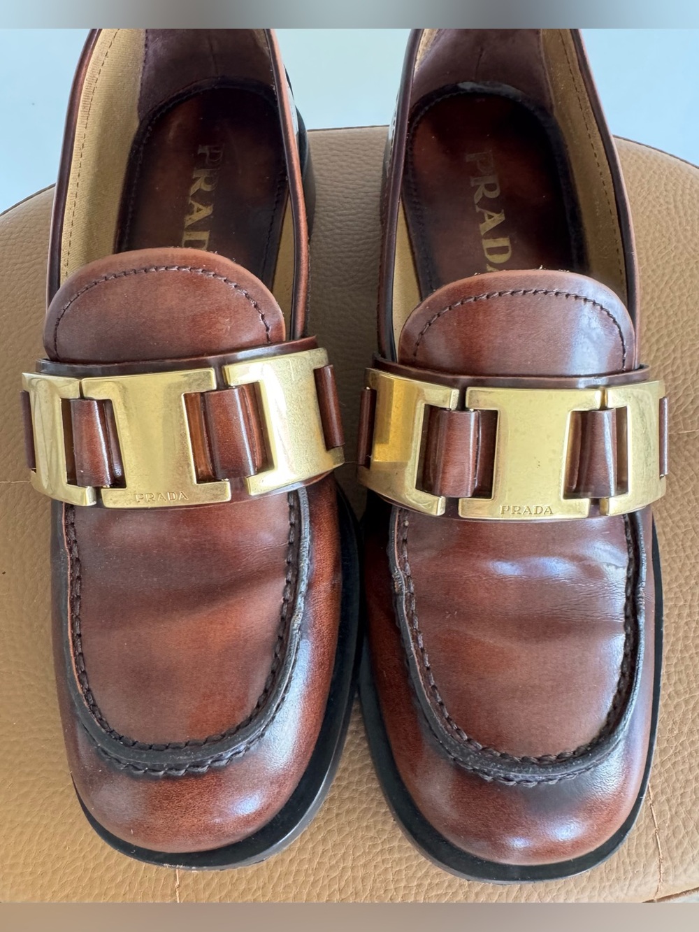 Prada Brown Leather Loafers with Gold Buckle - Picture 4 of 11